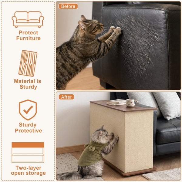 English Elm 2-In-1 Cat Scratcher End Table with Sisal Pad Hidden Storage and Locking Casters W3204P558496