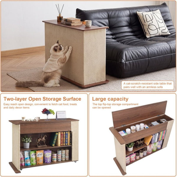 English Elm 2-In-1 Cat Scratcher End Table with Sisal Pad Hidden Storage and Locking Casters W3204P558496