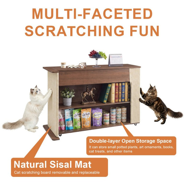 English Elm 2-In-1 Cat Scratcher End Table with Sisal Pad Hidden Storage and Locking Casters W3204P558496