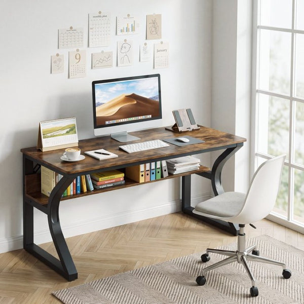 English Elm 47 Inch Rustic Brown MDF Gaming and Writing Desk with Steel U Frame Lower Shelf W3204P563037