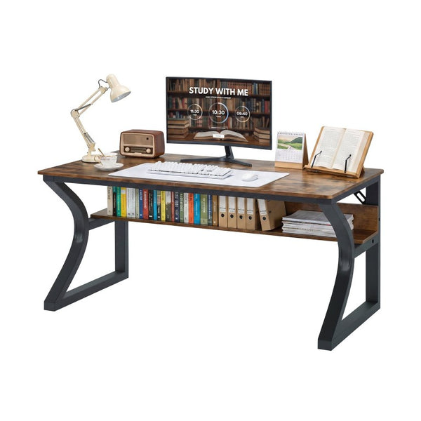 English Elm 47 Inch Rustic Brown MDF Gaming and Writing Desk with Steel U Frame Lower Shelf W3204P563037