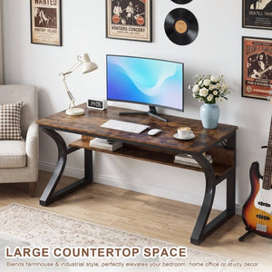 English Elm 47 Inch Rustic Brown MDF Gaming and Writing Desk with Steel U Frame Lower Shelf W3204P563037