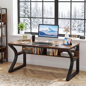 English Elm 47 Inch Rustic Brown MDF Gaming and Writing Desk with Steel U Frame Lower Shelf W3204P563037
