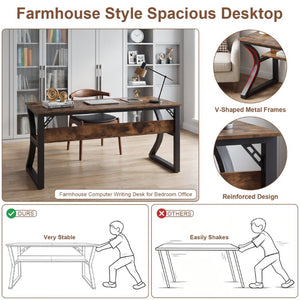 English Elm 47 Inch Rustic Brown MDF Gaming and Writing Desk with Steel U Frame Lower Shelf W3204P563037