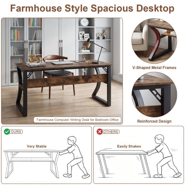 English Elm 47 Inch Rustic Brown MDF Gaming and Writing Desk with Steel U Frame Lower Shelf W3204P563037