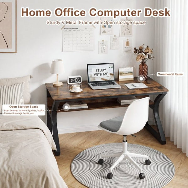 English Elm 47 Inch Rustic Brown MDF Gaming and Writing Desk with Steel U Frame Lower Shelf W3204P563037