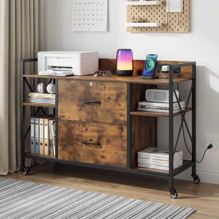 English Elm File Cabinet Rolling 2 Drawer Lockable Vintage Industrial Home Office with Power Outlets W3204P563112