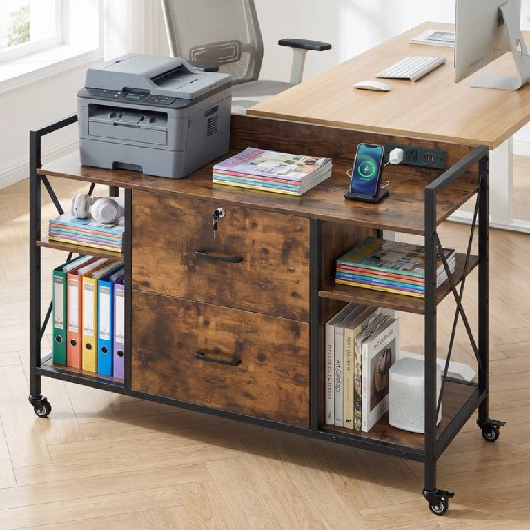 English Elm File Cabinet Rolling 2 Drawer Lockable Vintage Industrial Home Office with Power Outlets W3204P563112