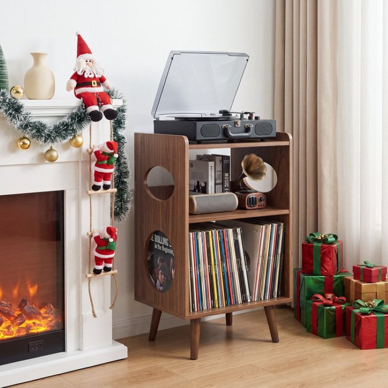 English Elm Record Player Stand with Vinyl Storage Cabinet USB Charging and Album Art Display Shelf W3204P565679
