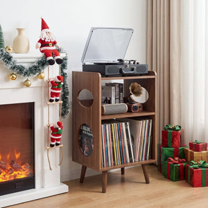 English Elm Record Player Stand with Vinyl Storage Cabinet USB Charging and Album Art Display Shelf W3204P565679