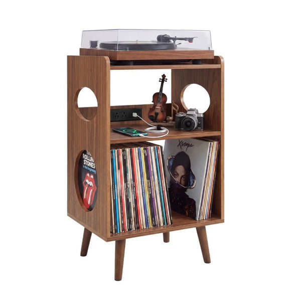 English Elm Record Player Stand with Vinyl Storage Cabinet USB Charging and Album Art Display Shelf W3204P565679