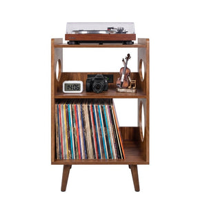 English Elm Record Player Stand with Vinyl Storage Cabinet USB Charging and Album Art Display Shelf W3204P565679