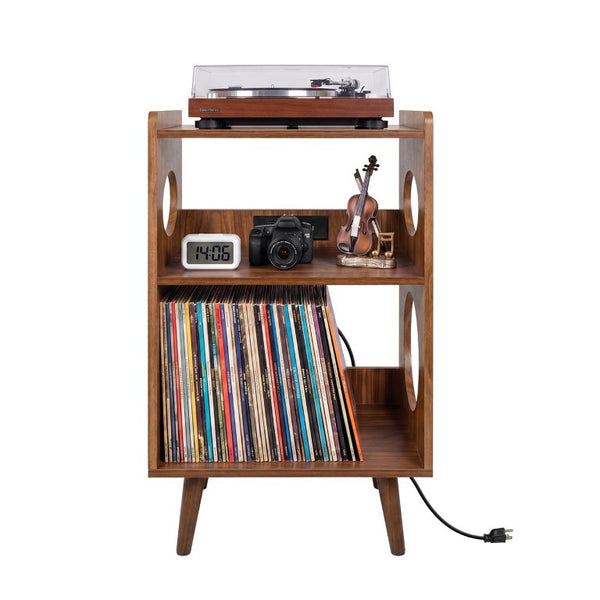 English Elm Record Player Stand with Vinyl Storage Cabinet USB Charging and Album Art Display Shelf W3204P565679