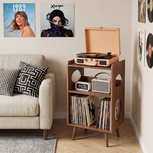 English Elm Record Player Stand with Vinyl Storage Cabinet USB Charging and Album Art Display Shelf W3204P565679