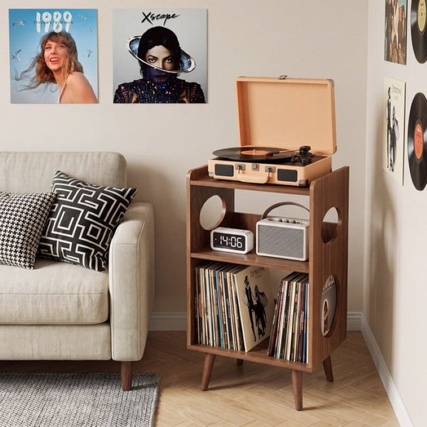 English Elm Record Player Stand with Vinyl Storage Cabinet USB Charging and Album Art Display Shelf W3204P565679