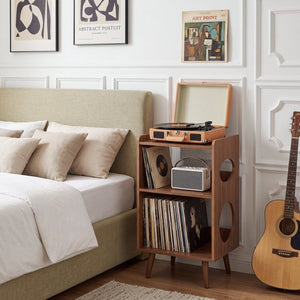 English Elm Record Player Stand with Vinyl Storage Cabinet USB Charging and Album Art Display Shelf W3204P565679
