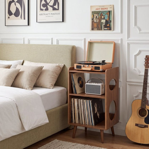 English Elm Record Player Stand with Vinyl Storage Cabinet USB Charging and Album Art Display Shelf W3204P565679