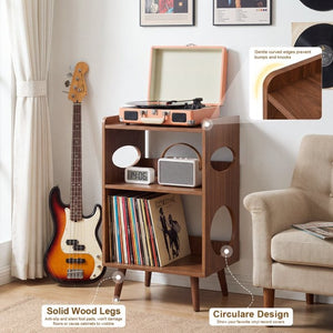 English Elm Record Player Stand with Vinyl Storage Cabinet USB Charging and Album Art Display Shelf W3204P565679