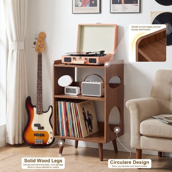 English Elm Record Player Stand with Vinyl Storage Cabinet USB Charging and Album Art Display Shelf W3204P565679