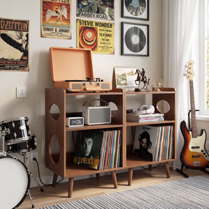 English Elm Record Player Stand with Vinyl Storage Cabinet USB Charging and Album Art Display Shelf W3204P565679