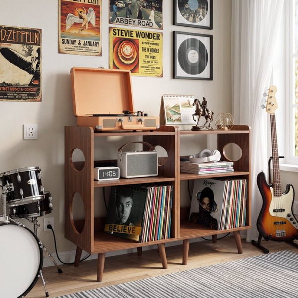 English Elm Record Player Stand with Vinyl Storage Cabinet USB Charging and Album Art Display Shelf W3204P565679