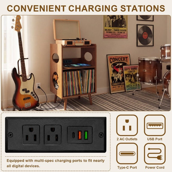 English Elm Record Player Stand with Vinyl Storage Cabinet USB Charging and Album Art Display Shelf W3204P565679