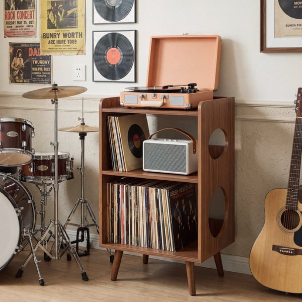 English Elm Record Player Stand with Vinyl Storage Cabinet USB Charging and Album Art Display Shelf W3204P565679