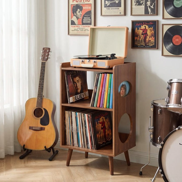 English Elm Record Player Stand with Vinyl Storage Cabinet USB Charging and Album Art Display Shelf W3204P565679