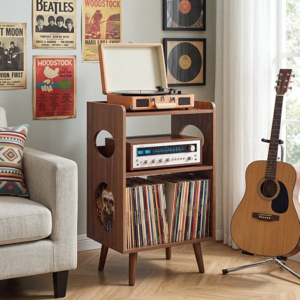 English Elm Record Player Stand with Vinyl Storage Cabinet USB Charging and Album Art Display Shelf W3204P565679