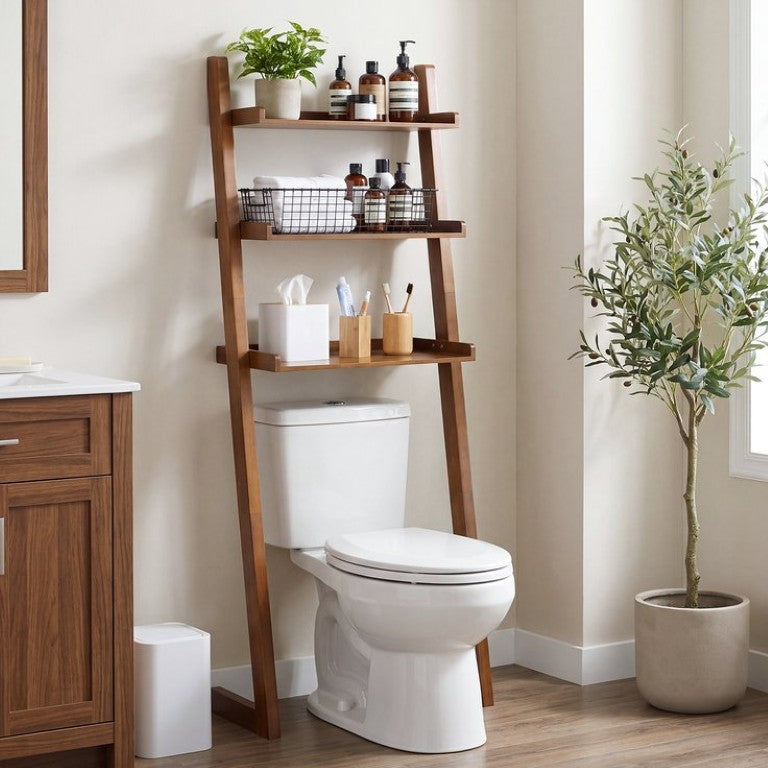 English Elm Solid Rubberwood Ladder Shelf 3 Tier Over Toilet Bathroom Organizer Walnut Finish W3204P577550