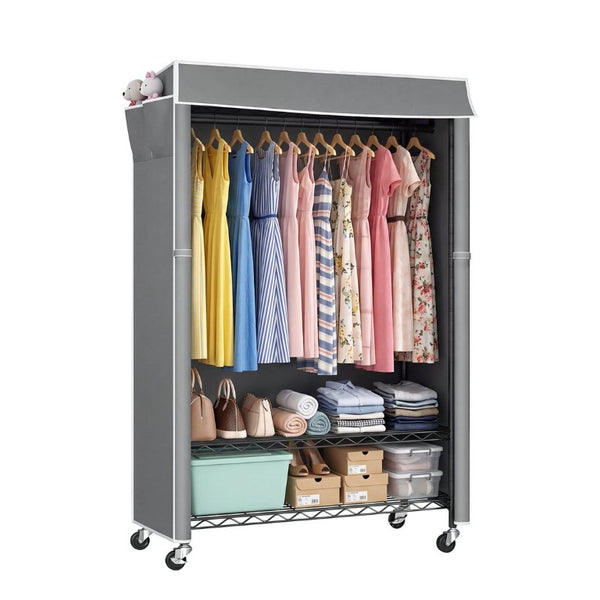 English Elm Clothes Rack Covered Rolling Garment Organizer with Carbon Steel Frame and Zipped Dust Shield W3204P581184
