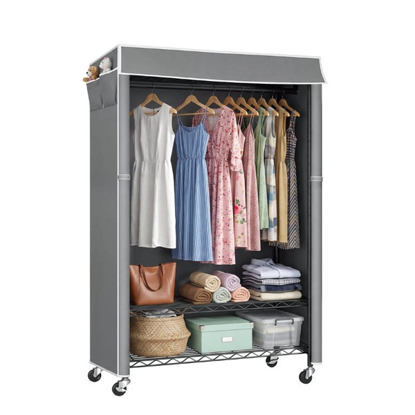 English Elm Clothes Rack Covered Rolling Garment Organizer with Carbon Steel Frame and Zipped Dust Shield W3204P581184
