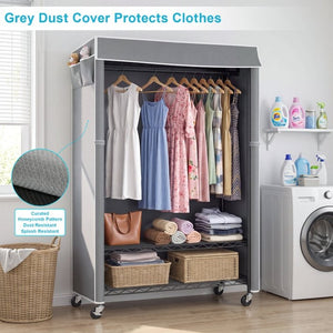 English Elm Clothes Rack Covered Rolling Garment Organizer with Carbon Steel Frame and Zipped Dust Shield W3204P581184