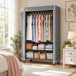 English Elm Clothes Rack Covered Rolling Garment Organizer with Carbon Steel Frame and Zipped Dust Shield W3204P581184