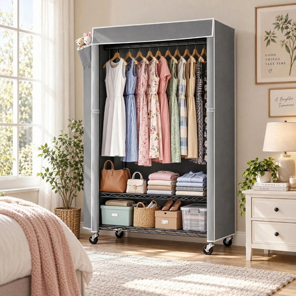 English Elm Clothes Rack Covered Rolling Garment Organizer with Carbon Steel Frame and Zipped Dust Shield W3204P581184