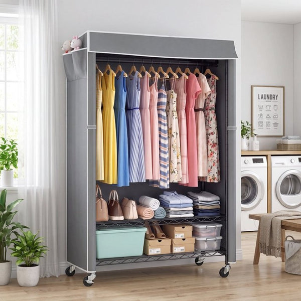 English Elm Clothes Rack Covered Rolling Garment Organizer with Carbon Steel Frame and Zipped Dust Shield W3204P581184