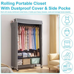 English Elm Clothes Rack Covered Rolling Garment Organizer with Carbon Steel Frame and Zipped Dust Shield W3204P581184