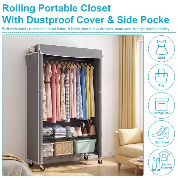English Elm Clothes Rack Covered Rolling Garment Organizer with Carbon Steel Frame and Zipped Dust Shield W3204P581184