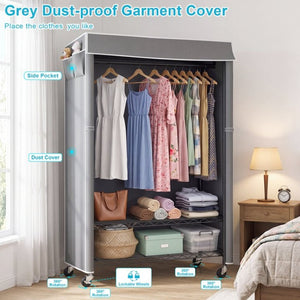English Elm Clothes Rack Covered Rolling Garment Organizer with Carbon Steel Frame and Zipped Dust Shield W3204P581184