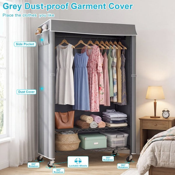 English Elm Clothes Rack Covered Rolling Garment Organizer with Carbon Steel Frame and Zipped Dust Shield W3204P581184