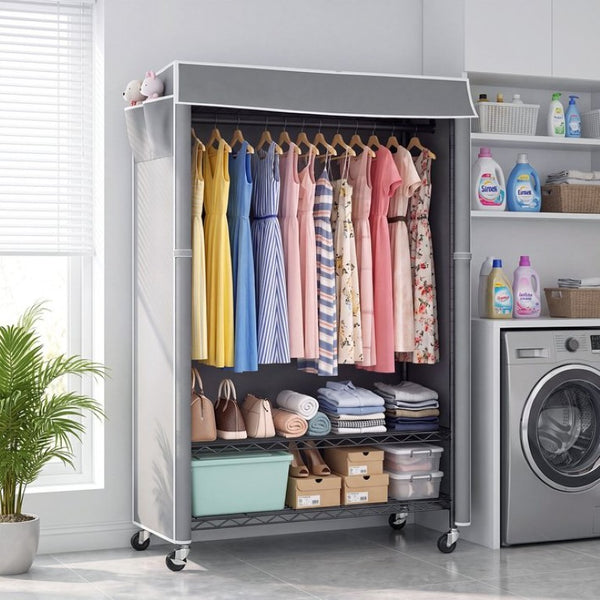 English Elm Clothes Rack Covered Rolling Garment Organizer with Carbon Steel Frame and Zipped Dust Shield W3204P581184