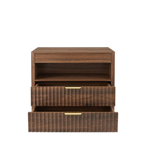 English Elm 27.55Nightstand Walnut Finish Bedside with Power Outlet Pull Out Shelf and Two Drawers W3204P591006