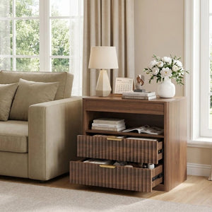 English Elm 27.55Nightstand Walnut Finish Bedside with Power Outlet Pull Out Shelf and Two Drawers W3204P591006