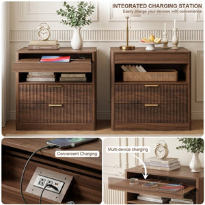 English Elm 27.55Nightstand Walnut Finish Bedside with Power Outlet Pull Out Shelf and Two Drawers W3204P591006