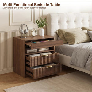 English Elm 27.55Nightstand Walnut Finish Bedside with Power Outlet Pull Out Shelf and Two Drawers W3204P591006