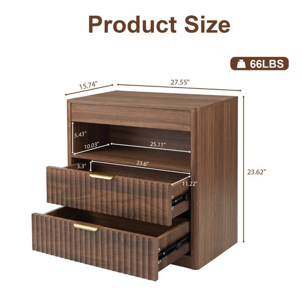 English Elm 27.55Nightstand Walnut Finish Bedside with Power Outlet Pull Out Shelf and Two Drawers W3204P591006
