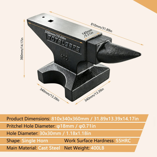 English Elm 400 Lb Solid Carbon Steel Single Horn Anvil 55 Hrc Hardened for Pro Blacksmithing W3213P455056