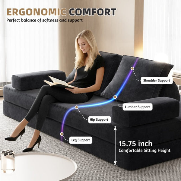 English Elm 86.6Multifunctional Chenille Convertible Sleeper Sofa Deep Seat Chaise for Living Room Dark Grey W3219P340667