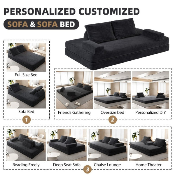 English Elm 86.6Multifunctional Chenille Convertible Sleeper Sofa Deep Seat Chaise for Living Room Dark Grey W3219P340667