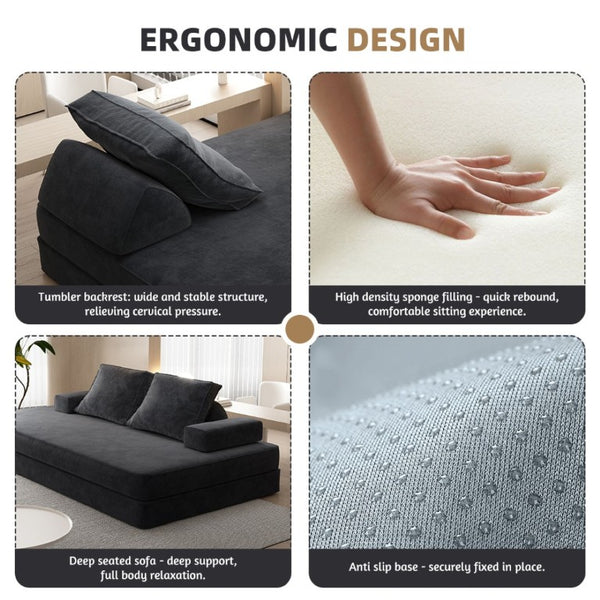 English Elm 86.6Multifunctional Chenille Convertible Sleeper Sofa Deep Seat Chaise for Living Room Dark Grey W3219P340667